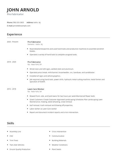 Pre-Fabricator Resume