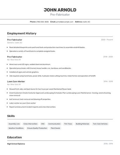 Pre-Fabricator Resume