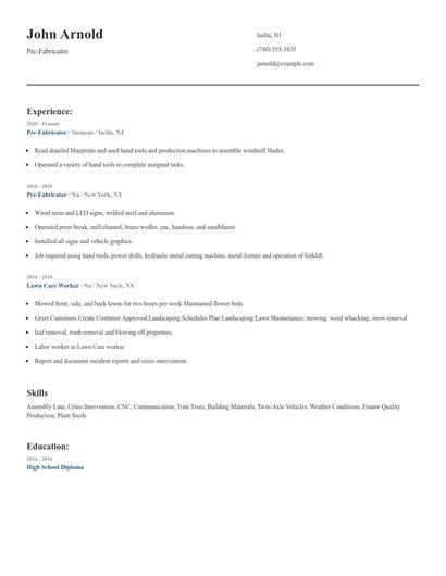 Pre-Fabricator Resume