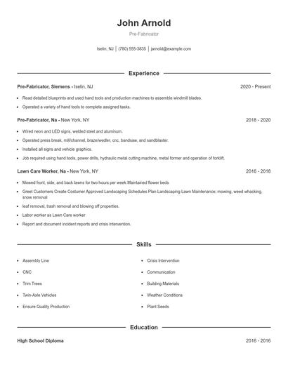 Pre-Fabricator Resume