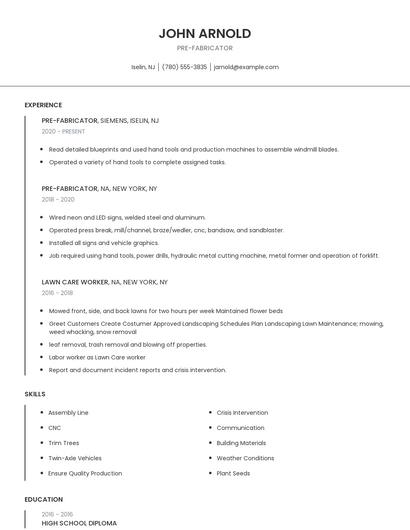 Pre-Fabricator Resume