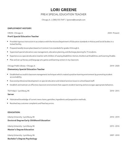 Pre-K Special Education Teacher Resume