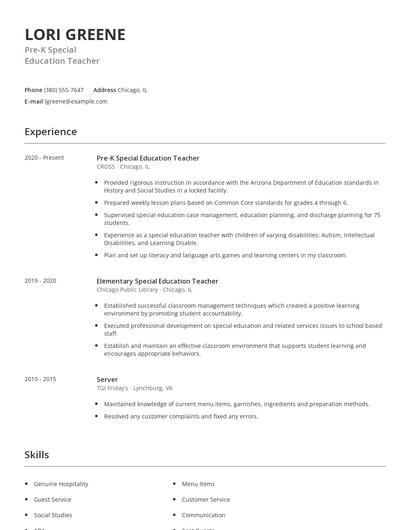Pre-K Special Education Teacher Resume