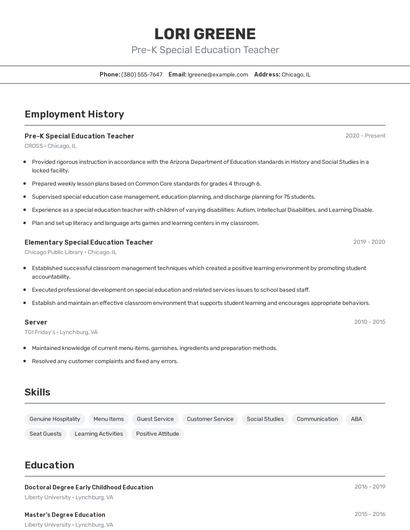 Pre-K Special Education Teacher Resume
