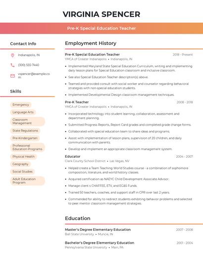 Pre-K Special Education Teacher Resume