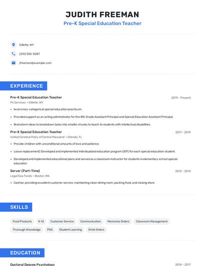 Pre-K Special Education Teacher Resume