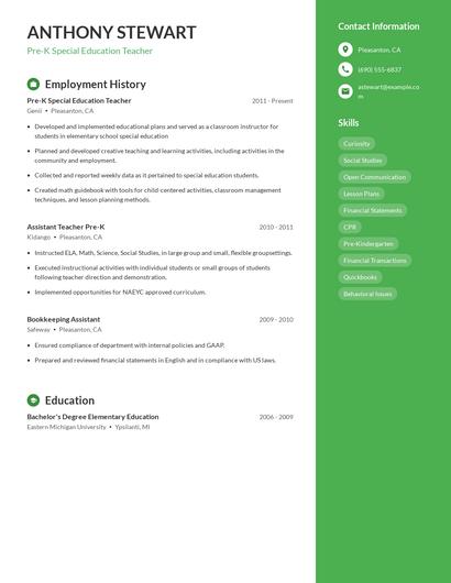 Pre-K Special Education Teacher Resume