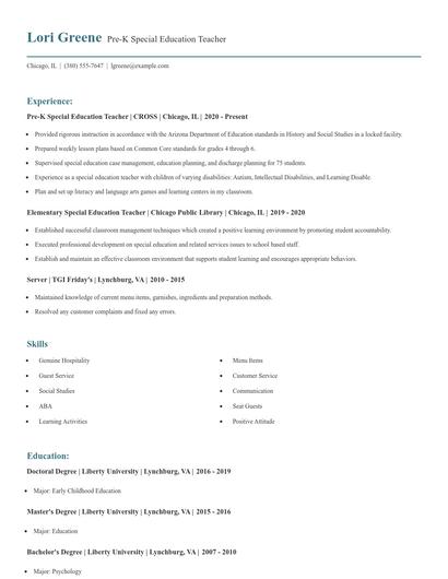 Pre-K Special Education Teacher Resume