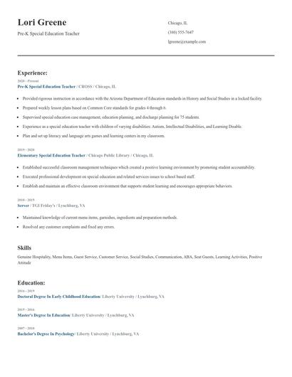 Pre-K Special Education Teacher Resume