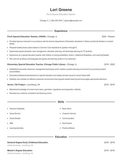 Pre-K Special Education Teacher Resume