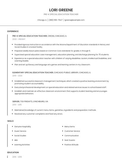 Pre-K Special Education Teacher Resume