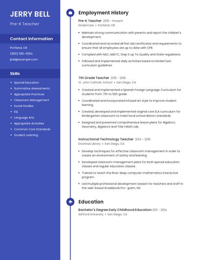 Pre-K Teacher Resume