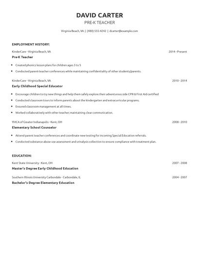 Pre-K Teacher Resume