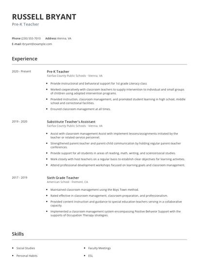 Pre-K Teacher Resume