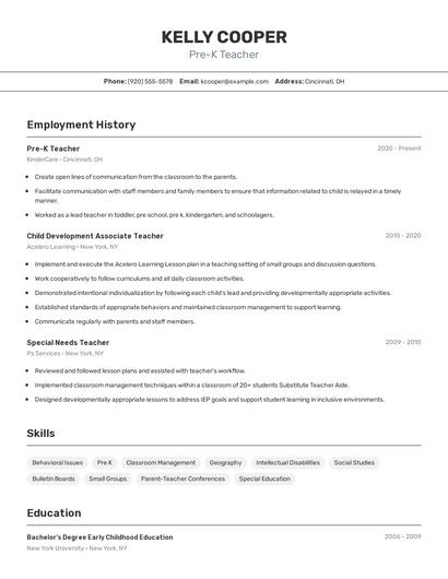 Pre-K Teacher Resume