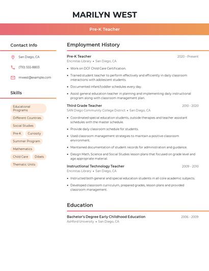 Pre-K Teacher Resume