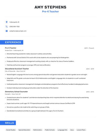 Pre-K Teacher Resume
