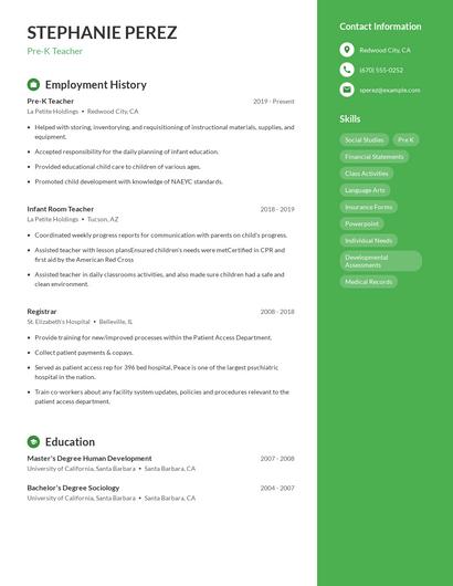 Pre-K Teacher Resume