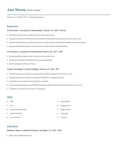 Pre-K Teacher Resume