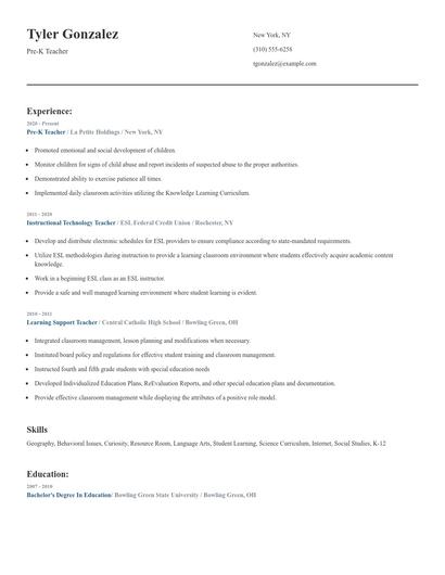 Pre-K Teacher Resume