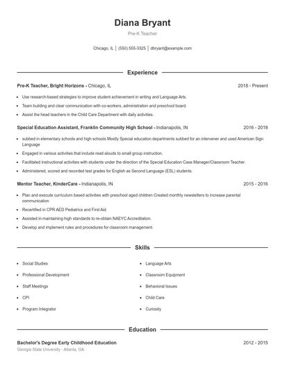 Pre-K Teacher Resume