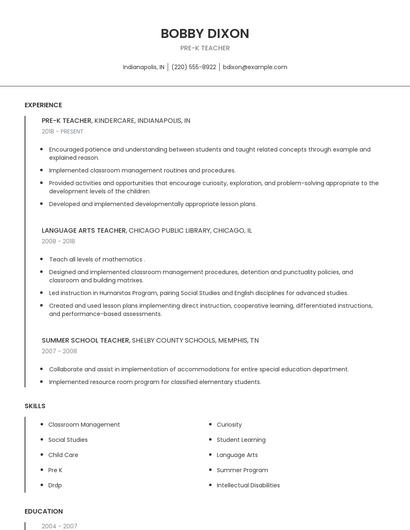 Pre-K Teacher Resume