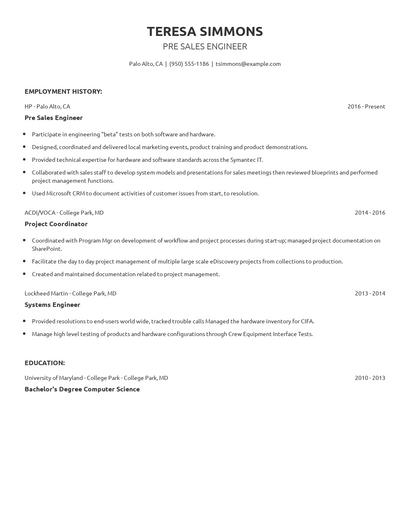 Pre Sales Engineer Resume