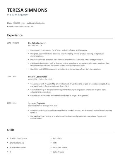 Pre Sales Engineer Resume