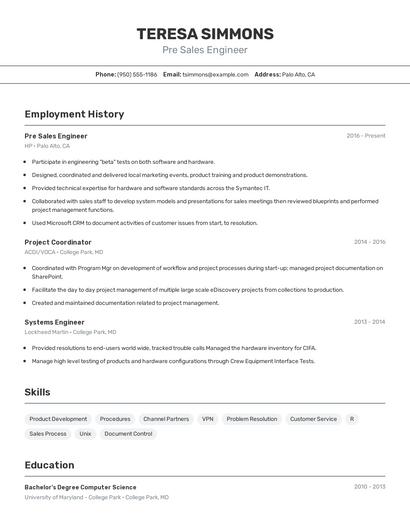 Pre Sales Engineer Resume