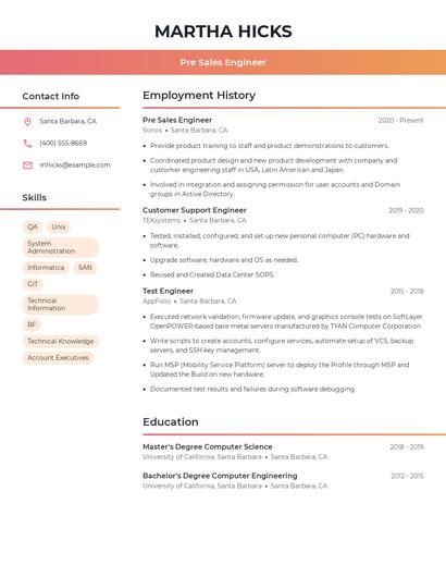 Pre Sales Engineer Resume