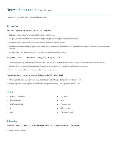 Pre Sales Engineer Resume