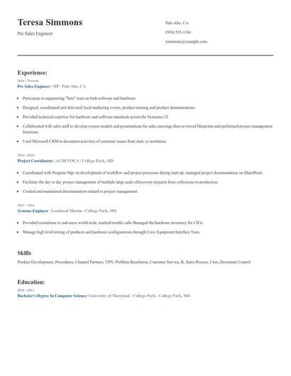 Pre Sales Engineer Resume