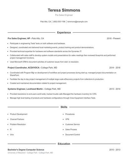 Pre Sales Engineer Resume