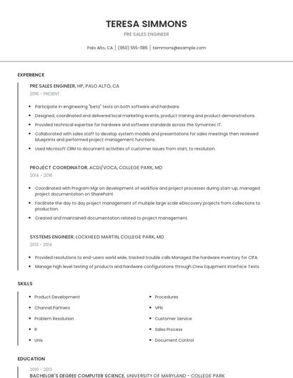 Pre Sales Engineer Resume