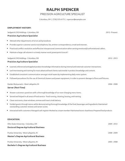 Precision Agriculture Specialist Resume