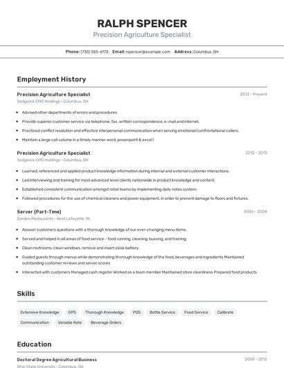 Precision Agriculture Specialist Resume