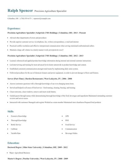 Precision Agriculture Specialist Resume