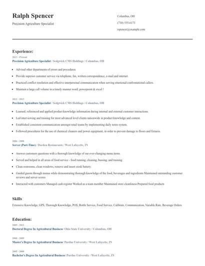 Precision Agriculture Specialist Resume