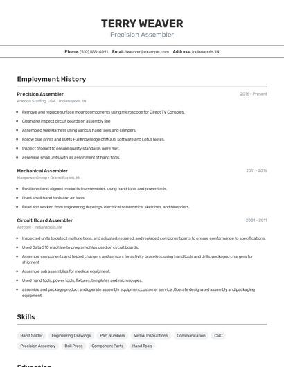 Precision Assembler Resume