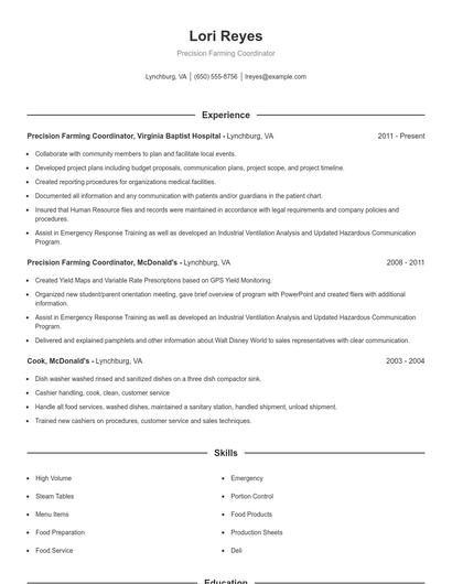 Precision Farming Coordinator Resume