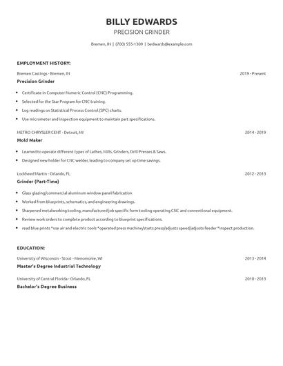Precision Grinder Resume