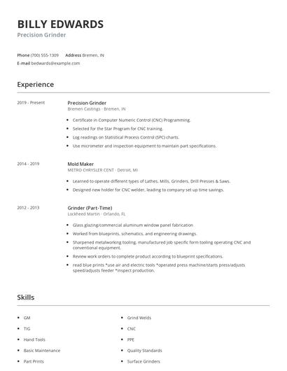 Precision Grinder Resume