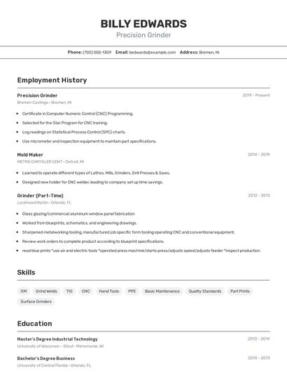 Precision Grinder Resume