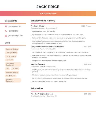 Precision Grinder Resume