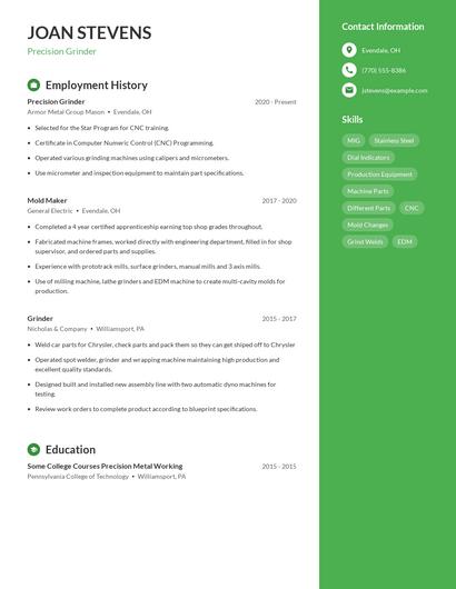 Precision Grinder Resume