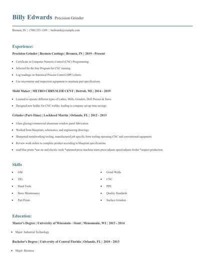 Precision Grinder Resume