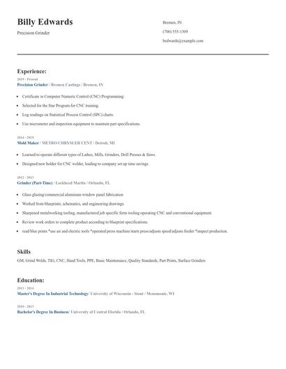 Precision Grinder Resume