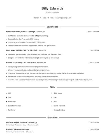 Precision Grinder Resume