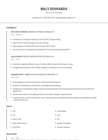 Precision Grinder Resume