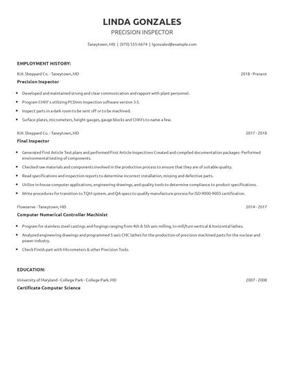 Precision Inspector Resume